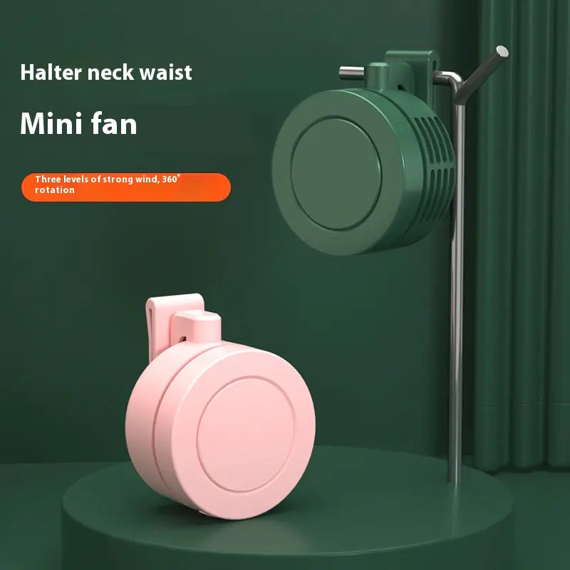 Pink and green mini fans on a green background with text describing features.