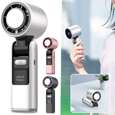 Collection of handheld fans in various colors with a woman using one on a blurred background.