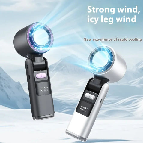 Two handheld fans with digital displays on a snowy mountain background, promoting rapid cooling.