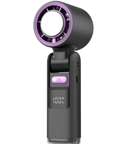 Black handheld turbo fan with purple accents on a white background