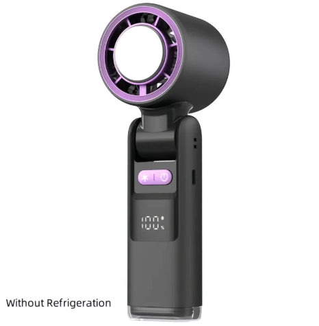 Handheld fan with purple accents on a white background