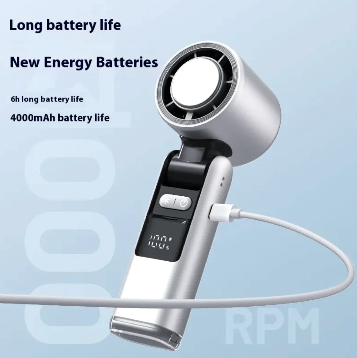 Turbo fan with battery life text on a light blue background