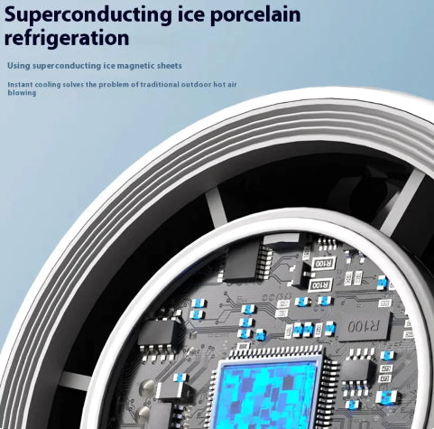 Superconducting ice porcelain refrigeration system with electronic components on a light blue background