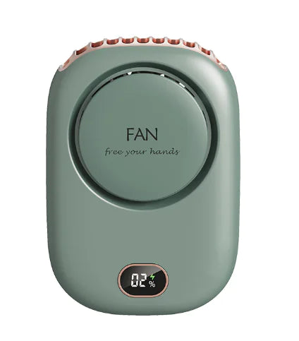 Green handheld fan with digital display on a white background