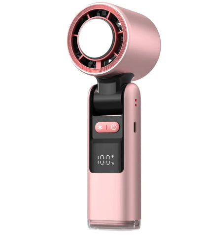 Pink handheld turbo fan with digital display on a white background