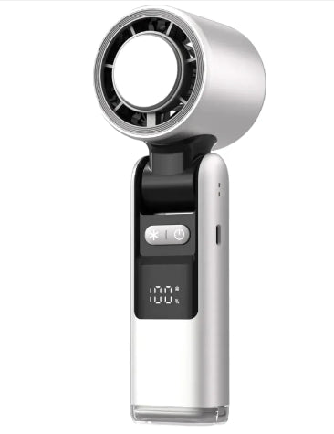 Handheld fan with digital display on a white background