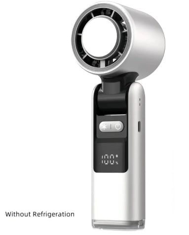 Handheld fan with digital display on a white background