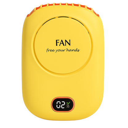 Yellow fan with digital display on a white background